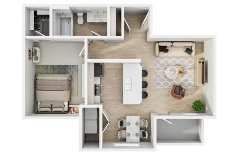 Floor plan for 1 bed, 1 bath, 717 sqft